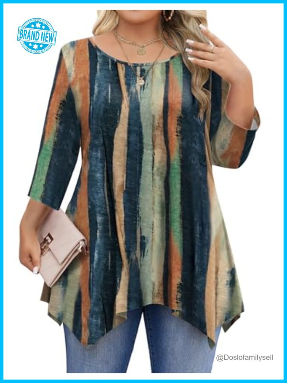 Plus Size 3/4 Sleeve Tunic Top Flowy Hem Casual Shirt with Leggings